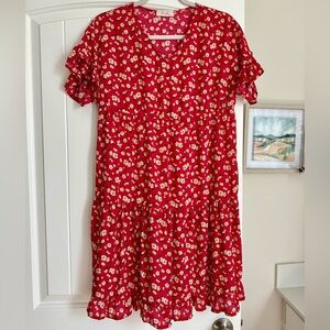 Red Floral Print Ruffle Hem Dress